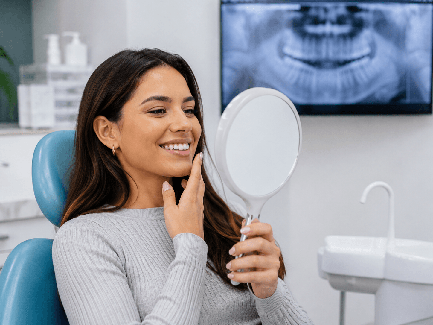 Paciente se mira los dientes en un espejo de mano junto a una radiografía panorámica